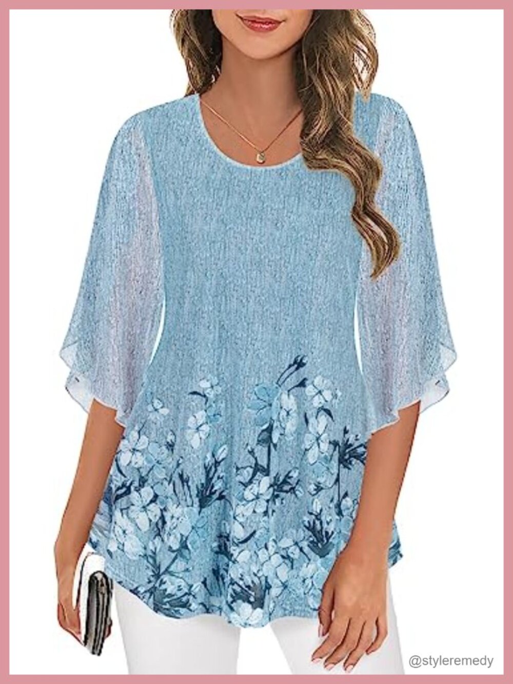 Women's 3/4 Sleeve Mesh Tunic Top Sheer Overlay Dressy Casual Blouse